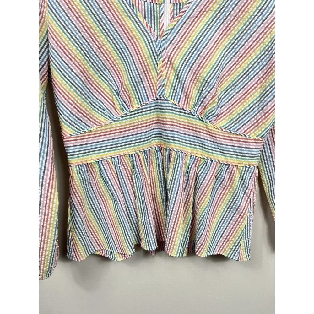 J. Crew Pastel Multicolor Striped V-Neck Peplum Top